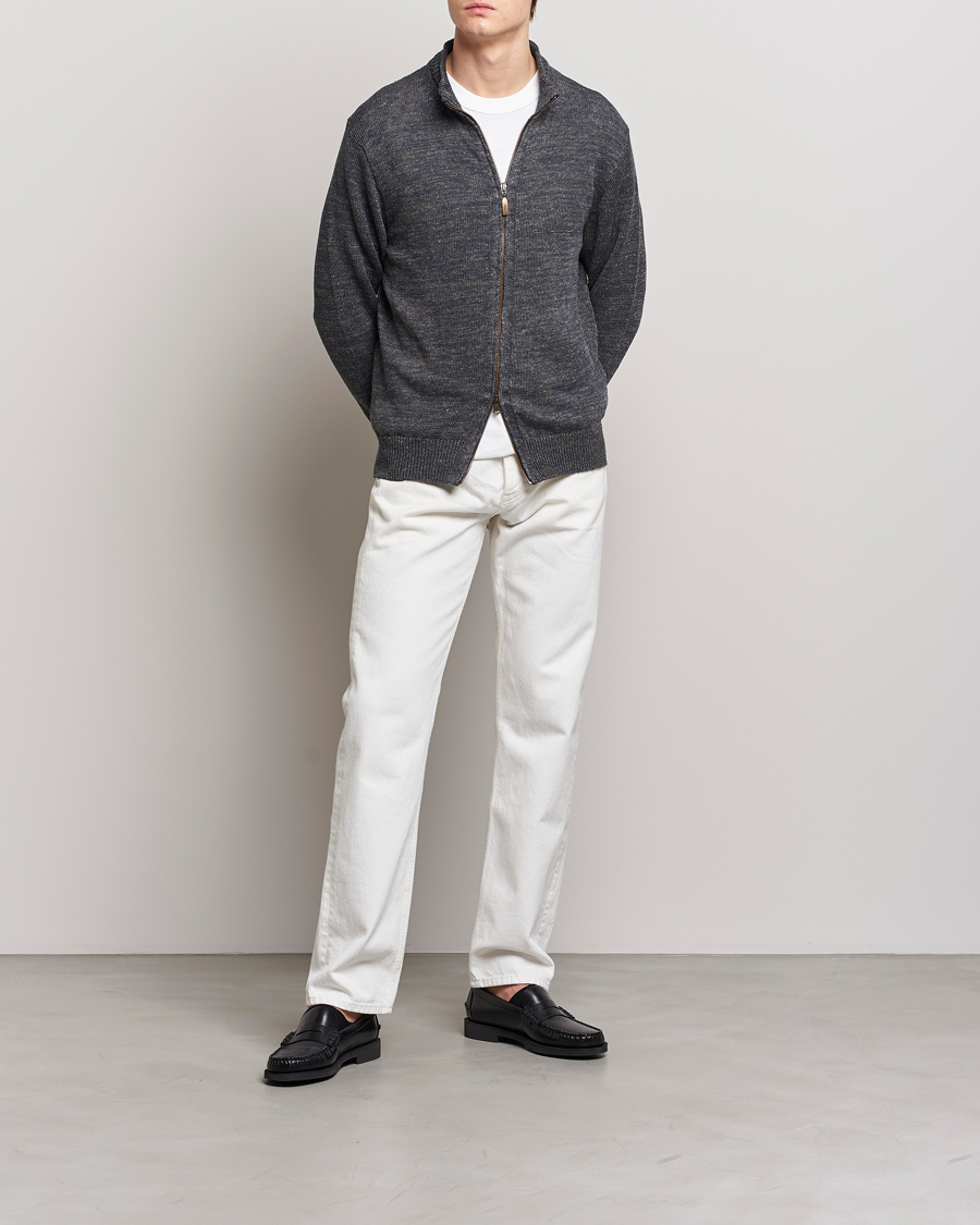 Herr | Tröjor | Inis Meáin | Chevron Washed Donegal Linen Zipper Stone