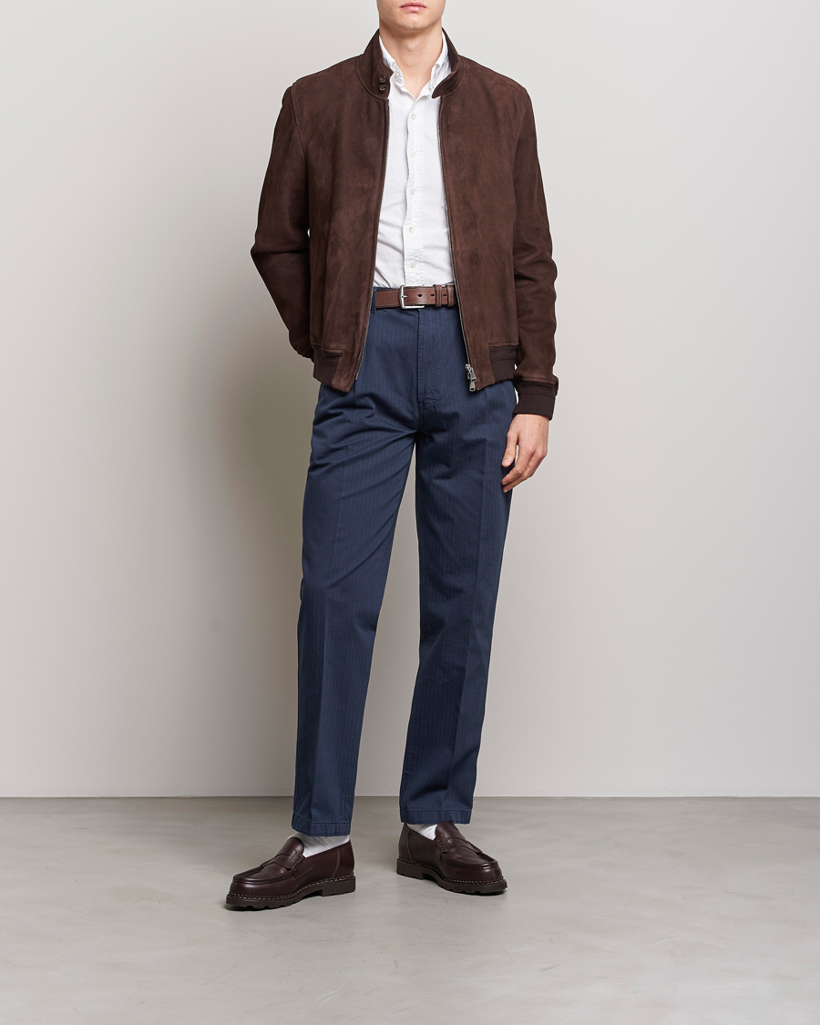 Herr | Byxor | Drake's | Cotton Herringbone One Pleat Chino Navy