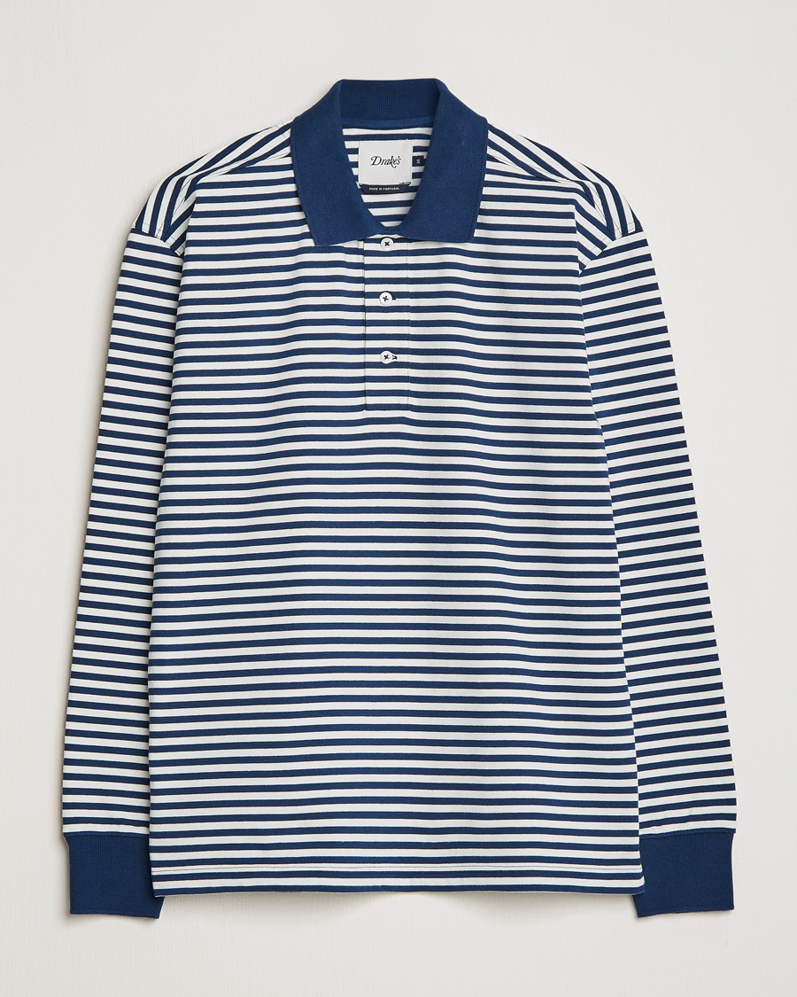 Herr | Tröjor | Drake's | Striped Long Sleeve Jersey Polo White/Navy