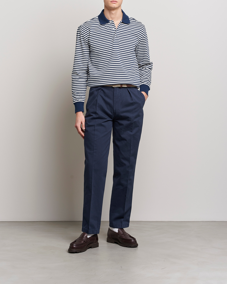 Herr | Tröjor | Drake's | Striped Long Sleeve Jersey Polo White/Navy