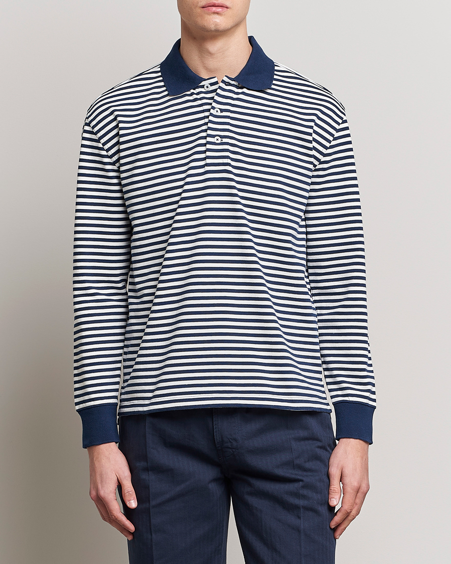 Herr | Tröjor | Drake's | Striped Long Sleeve Jersey Polo White/Navy