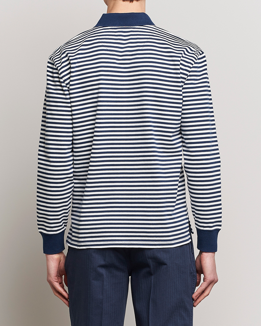 Herr | Tröjor | Drake's | Striped Long Sleeve Jersey Polo White/Navy