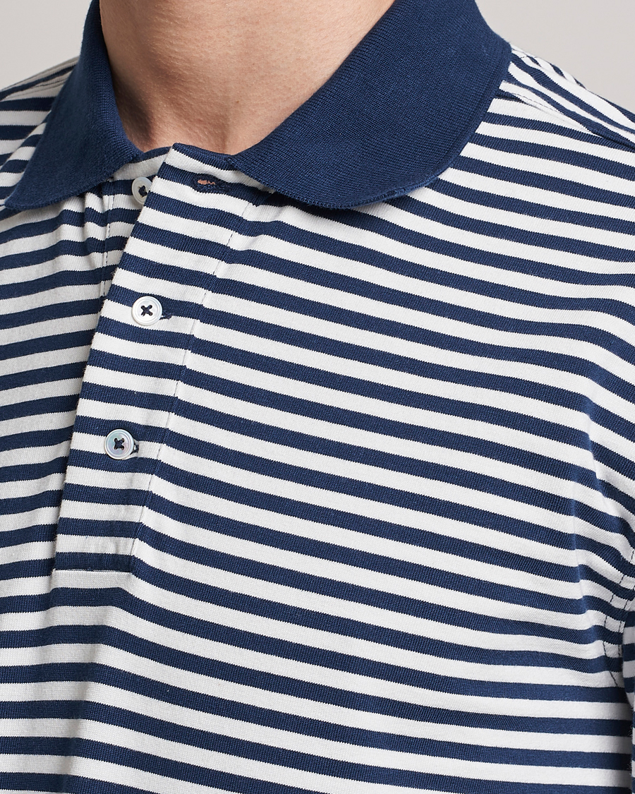 Herr | Tröjor | Drake's | Striped Long Sleeve Jersey Polo White/Navy