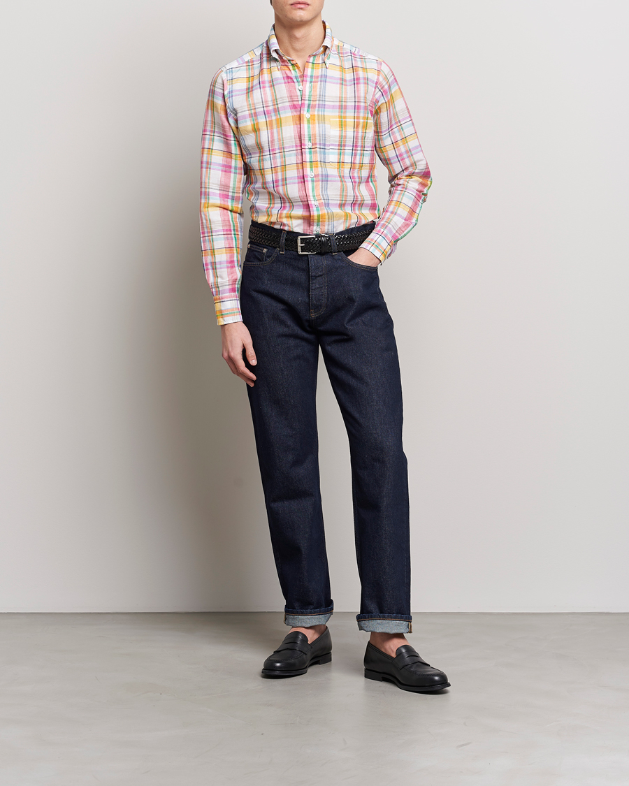 Herr | Skjortor | Drake's | Checked Button Down Linen Shirt Multi