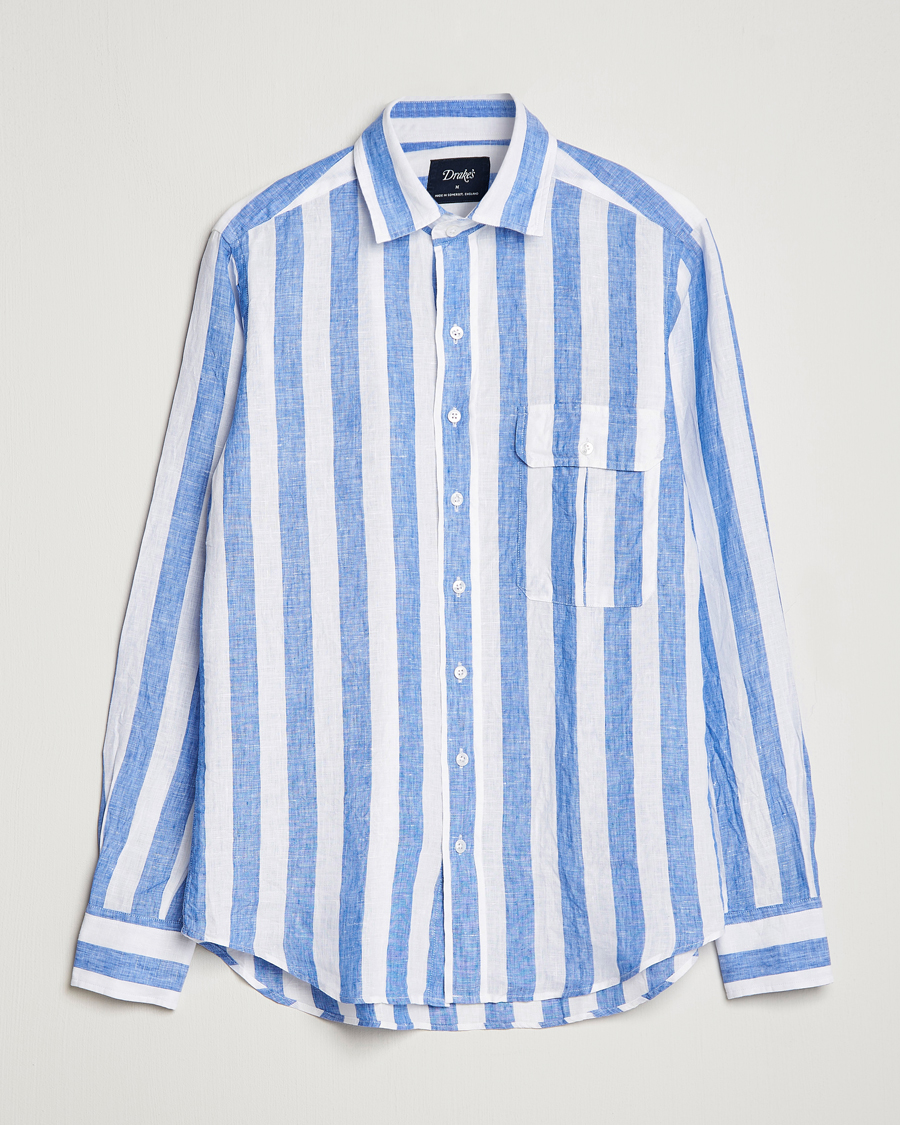 Herr | Skjortor | Drake's | Broad Stripe Linen Spread Collar Shirt Blue