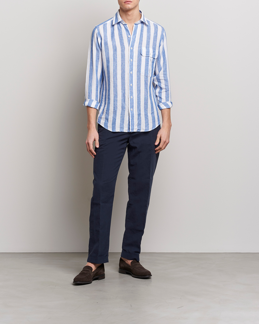 Herr | Skjortor | Drake's | Broad Stripe Linen Spread Collar Shirt Blue