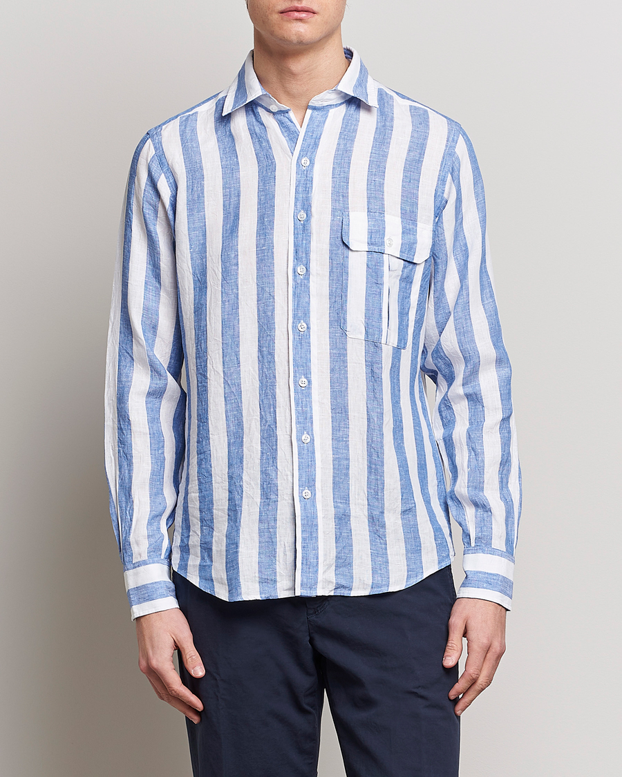 Herr | Oxfordskjortor | Drake's | Broad Stripe Linen Spread Collar Shirt Blue