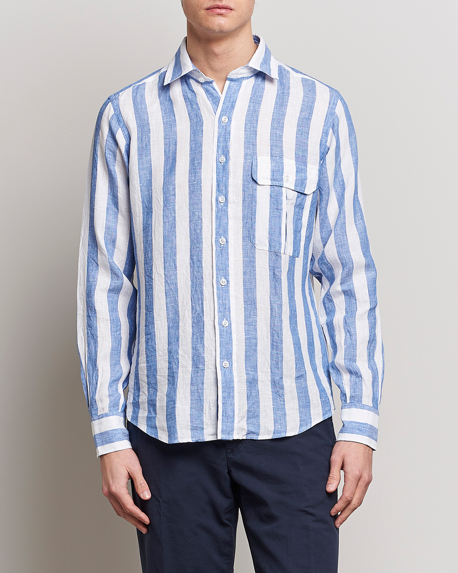 Herr | Skjortor | Drake's | Broad Stripe Linen Spread Collar Shirt Blue