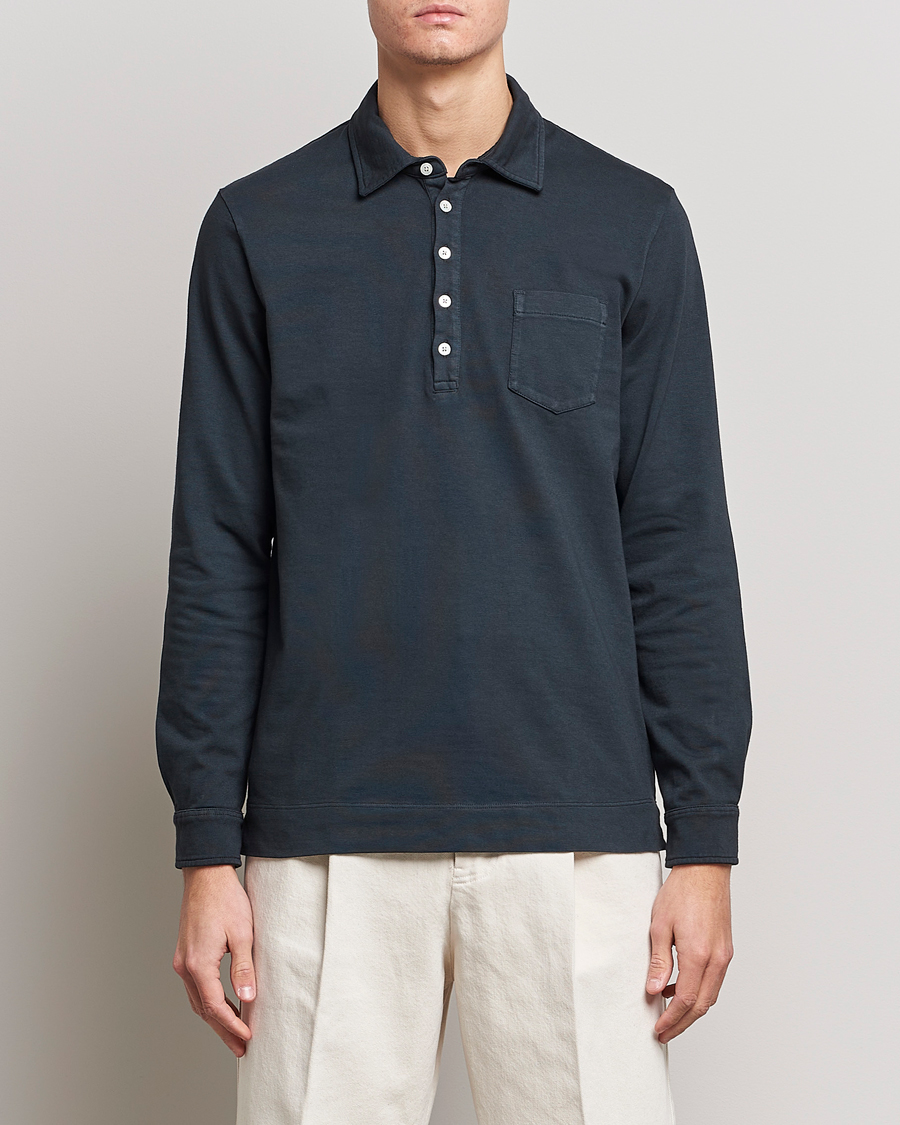 Herr | Långärmade pikéer | Massimo Alba | Ischia Long Sleeve Cotton Polo Washed Black