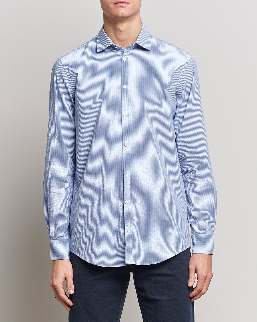 Herr |  | Massimo Alba | Canary Striped Seersucker Shirt Blue