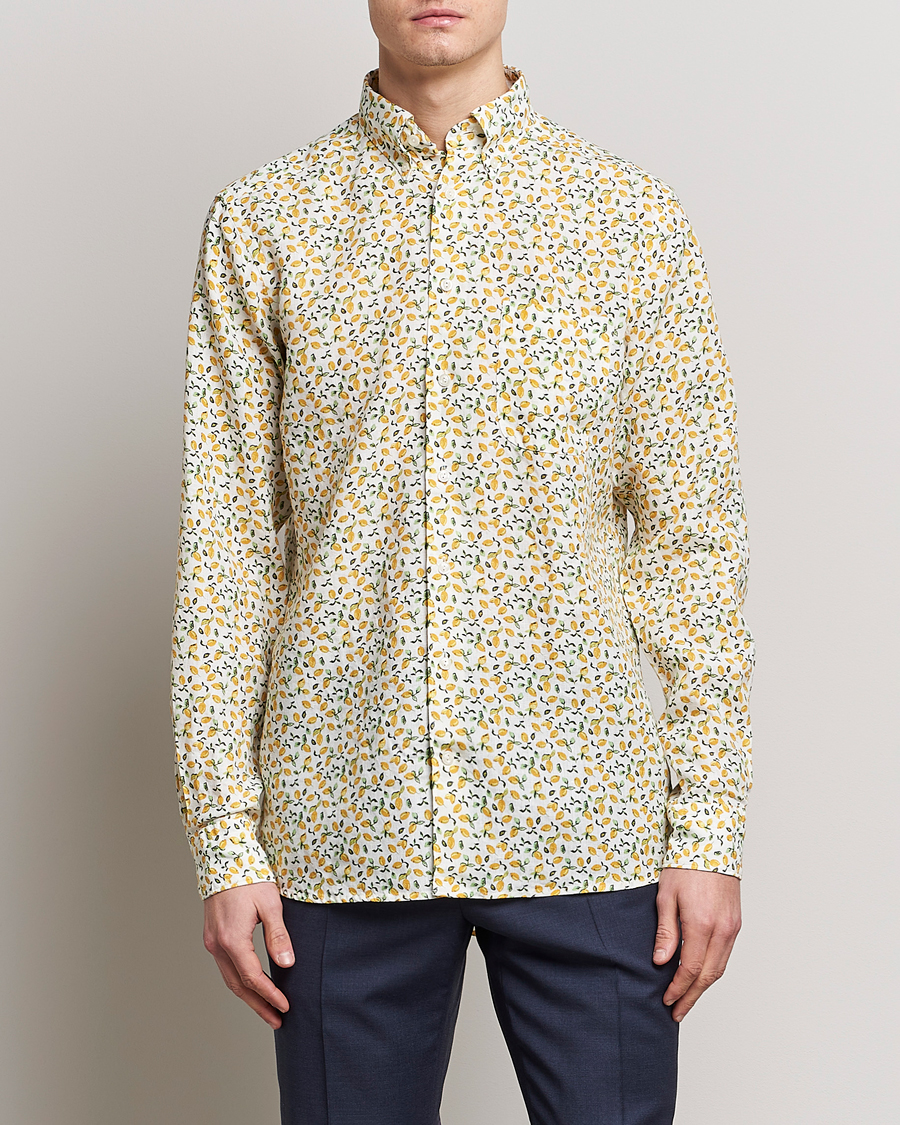 Herr |  | Eton | Lemon Print  Contemporary Linen Shirt Yellow 