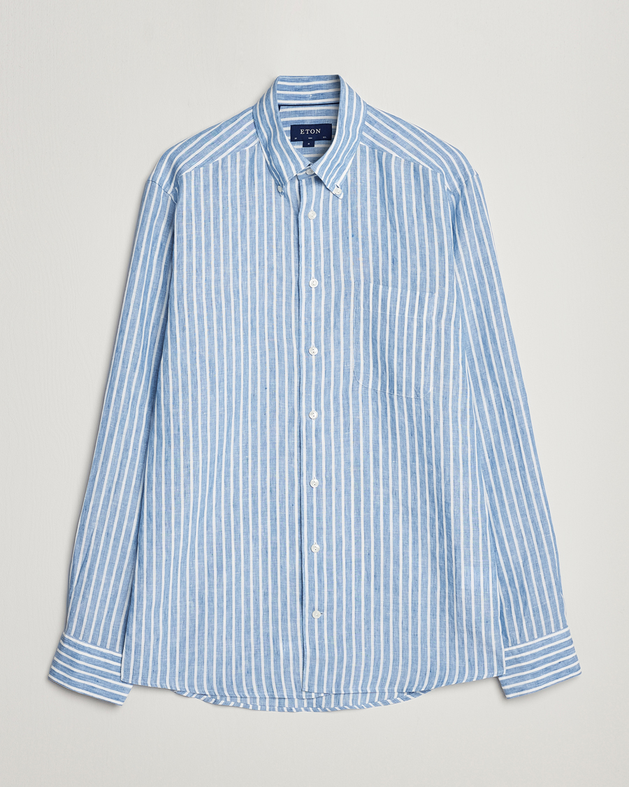 Herr | Skjortor | Eton | Slim Fit Striped Linen Shirt Mid Blue