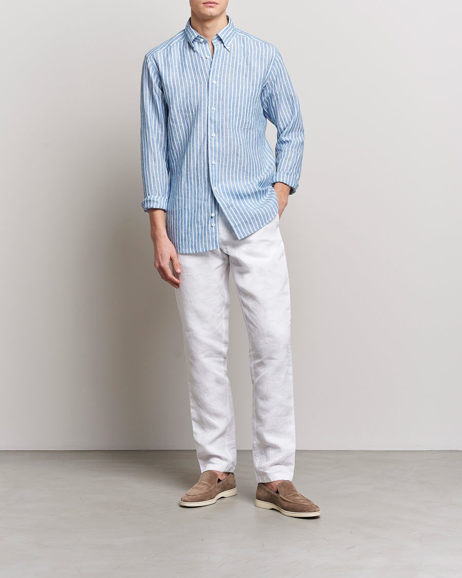 Herr | Skjortor | Eton | Slim Fit Striped Linen Shirt Mid Blue