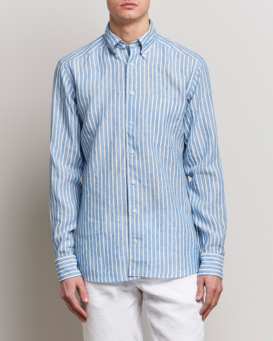 Herr | Linneskjortor | Eton | Slim Fit Striped Linen Shirt Mid Blue