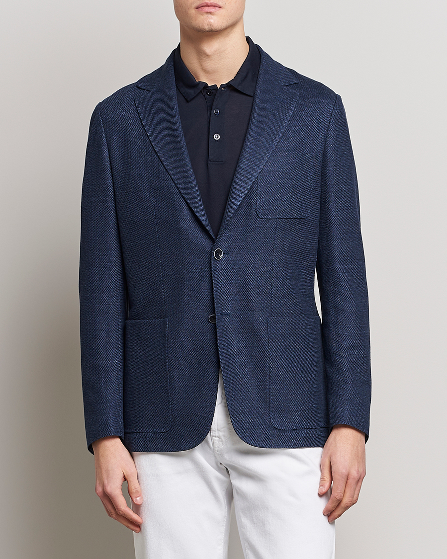 Herr | Linnekavajer | Canali | Linen/Cotton Jersey Blazer Dark Blue