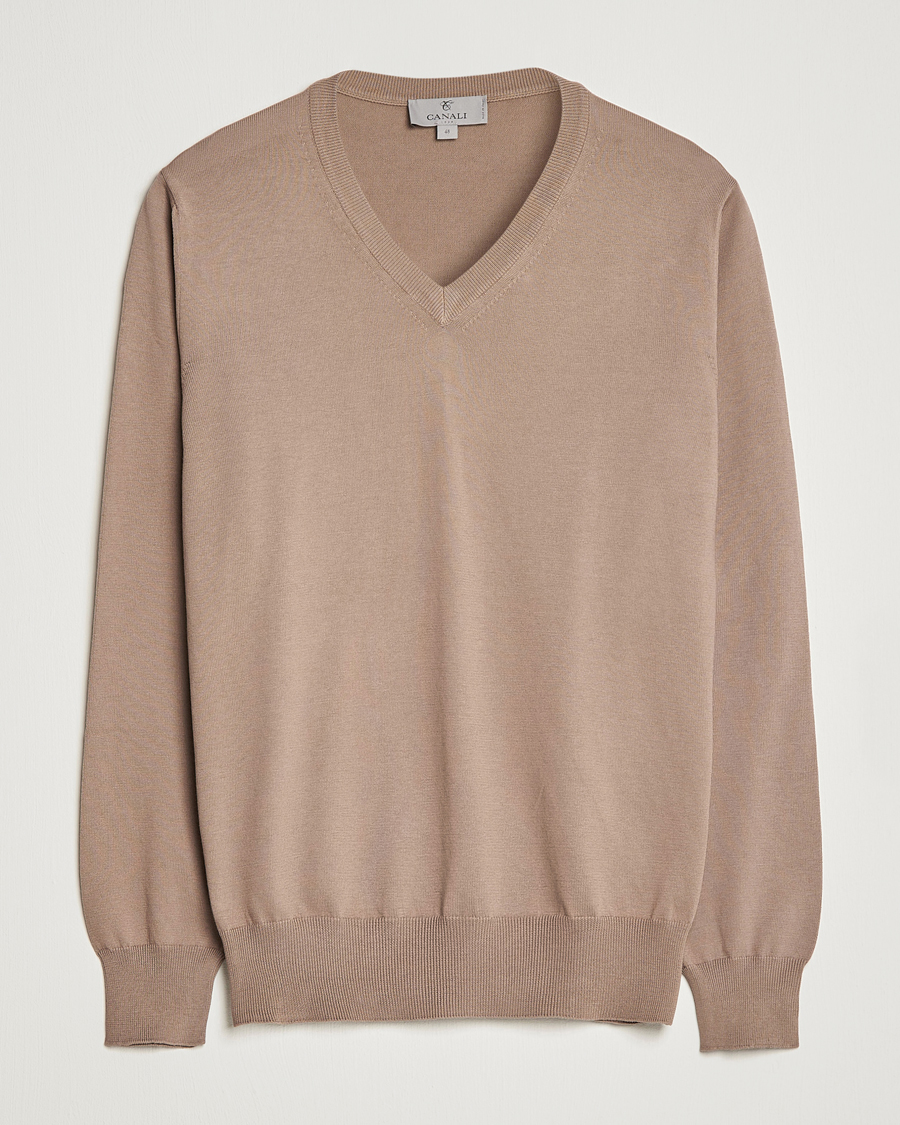 Herr | Tröjor | Canali | Cotton V-Neck Pullover Brown