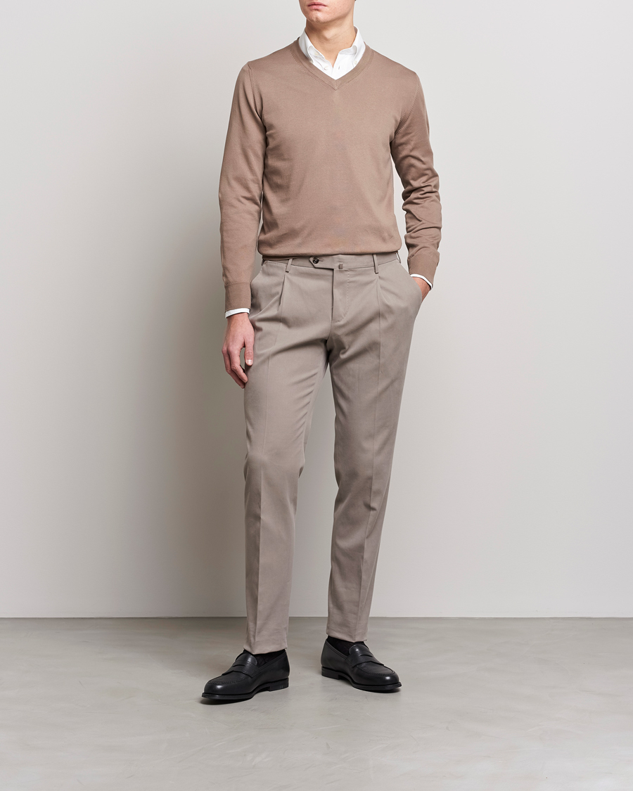 Herr | Tröjor | Canali | Cotton V-Neck Pullover Brown