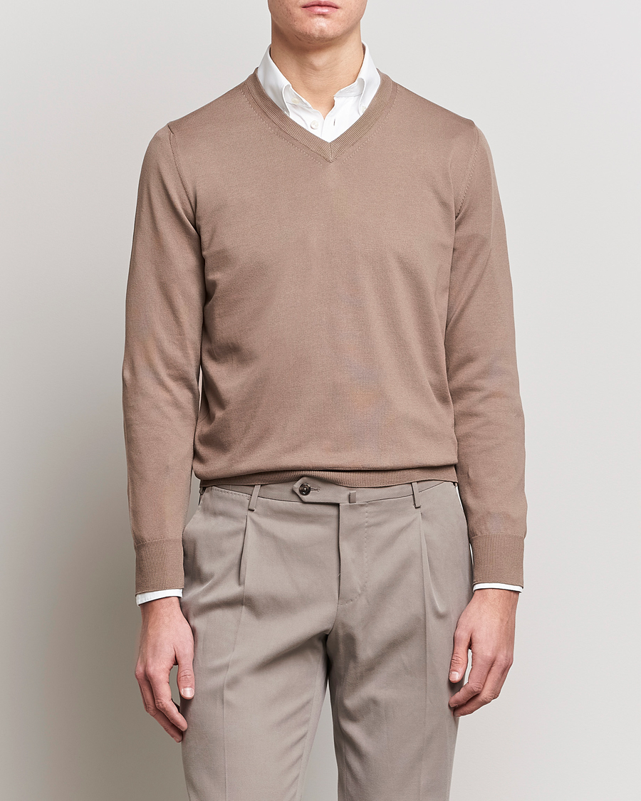 Herr | Pullover V-ringade | Canali | Cotton V-Neck Pullover Brown