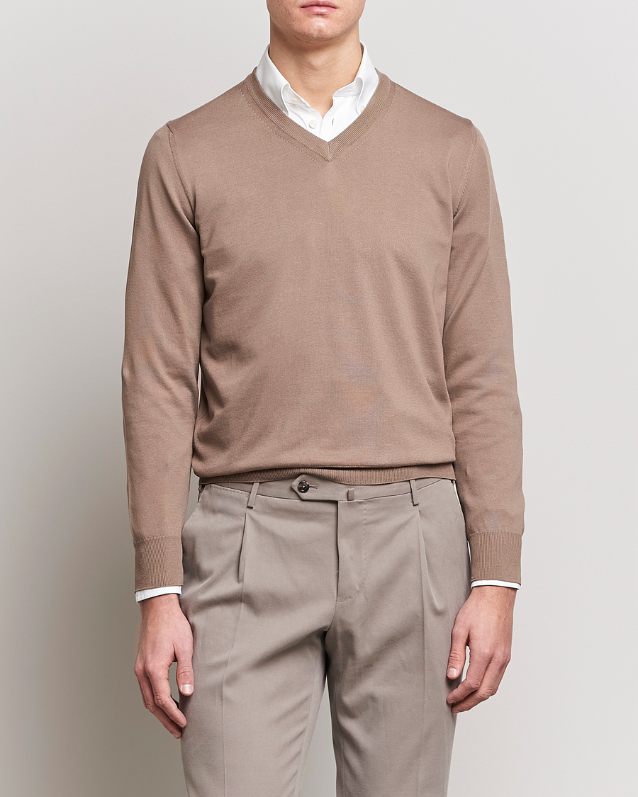 Herr | Tröjor | Canali | Cotton V-Neck Pullover Brown
