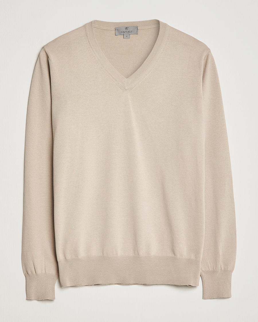Herr | Tröjor | Canali | Cotton V-Neck Pullover Beige