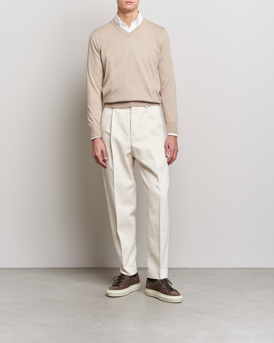 Herr | Tröjor | Canali | Cotton V-Neck Pullover Beige