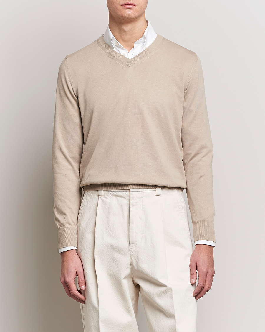 Herr | Quiet Luxury | Canali | Cotton V-Neck Pullover Beige