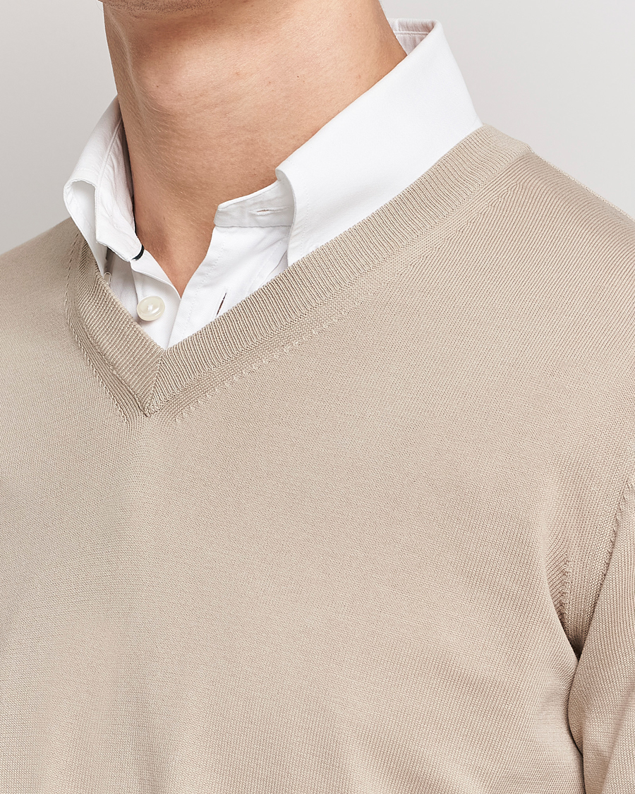 Herr | Tröjor | Canali | Cotton V-Neck Pullover Beige