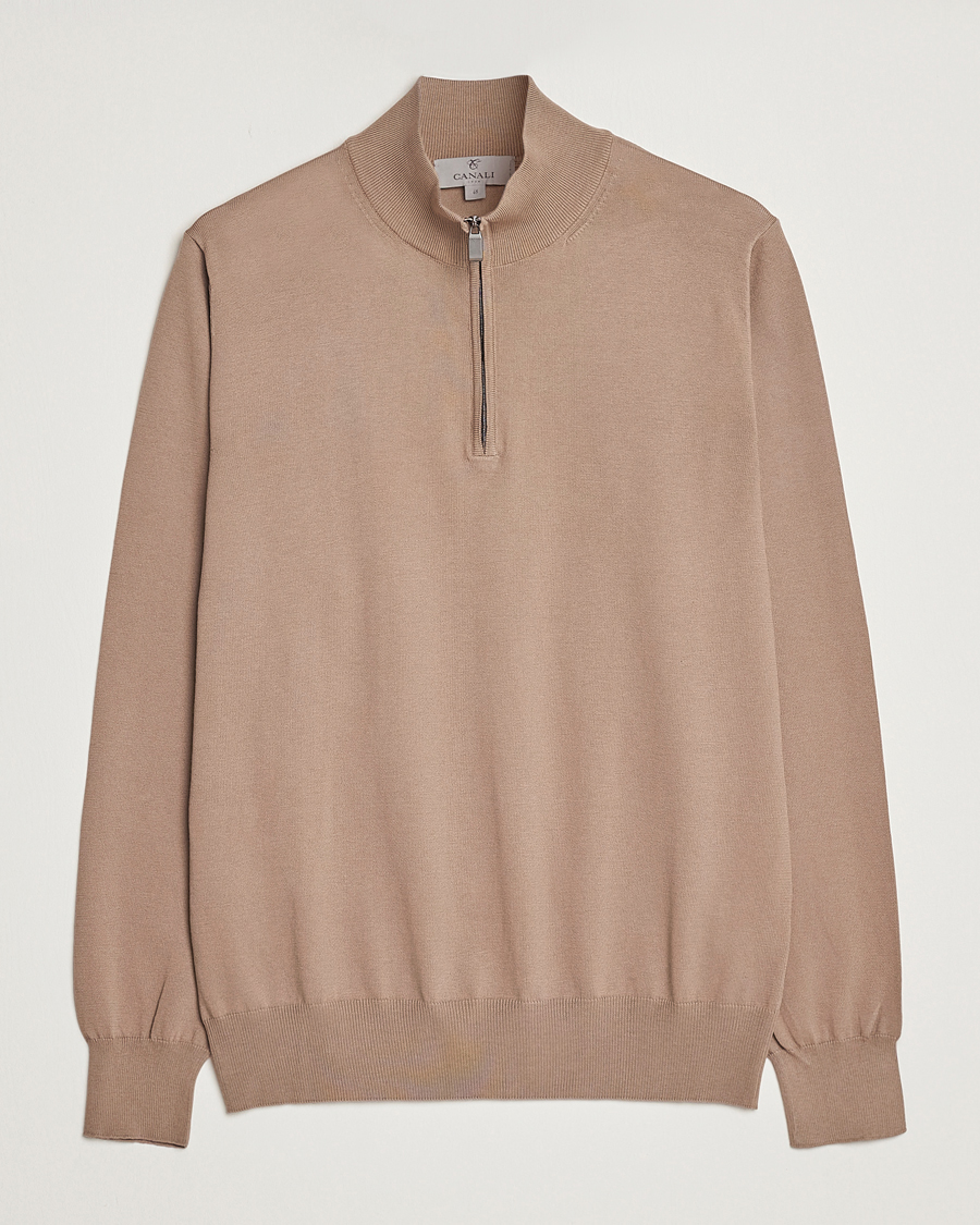 Herr | Tröjor | Canali | Cotton Half Zip Sweater Brown