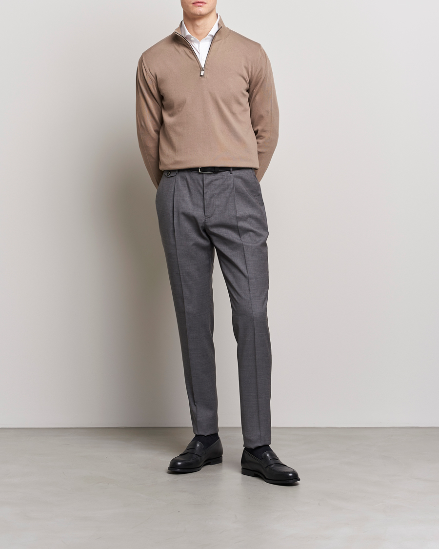 Herr | Tröjor | Canali | Cotton Half Zip Sweater Brown