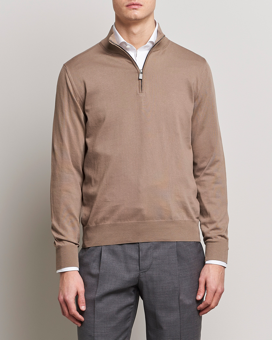 Herr | Tröjor | Canali | Cotton Half Zip Sweater Brown