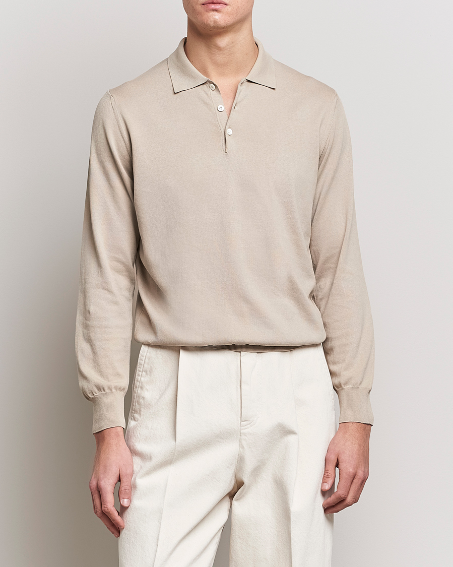 Herr | Quiet Luxury | Canali | Cotton Long Sleeve Polo Beige