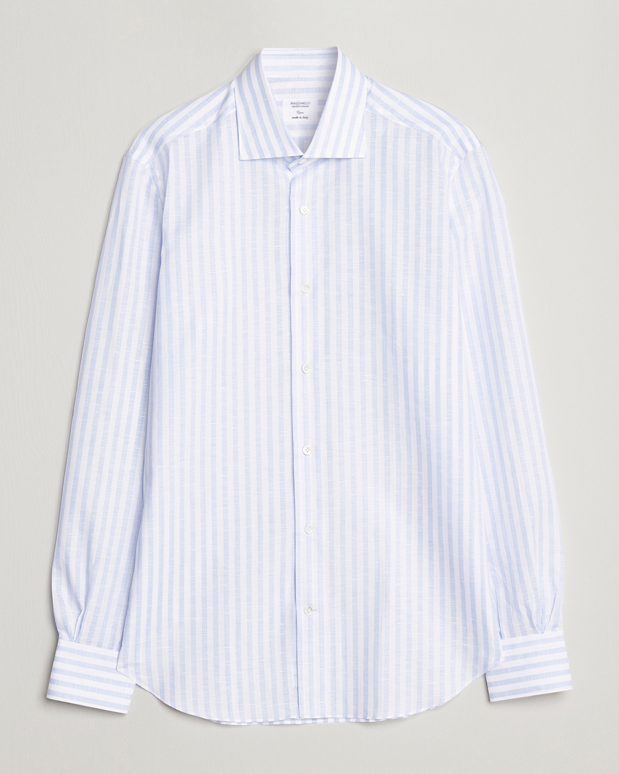 Herr | Skjortor | Mazzarelli | Soft Cotton/Linen Shirt Light Blue Stripe