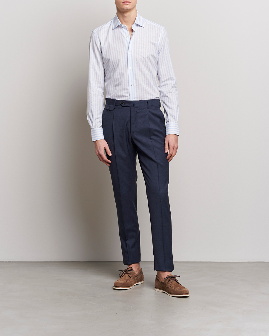 Herr | Skjortor | Mazzarelli | Soft Cotton/Linen Shirt Light Blue Stripe
