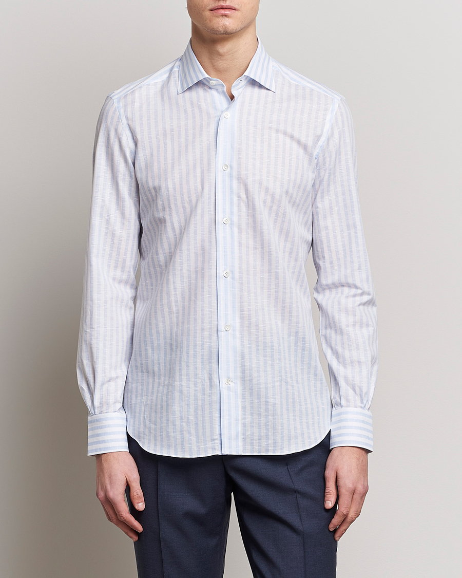 Herr | Linneskjortor | Mazzarelli | Soft Cotton/Linen Shirt Light Blue Stripe