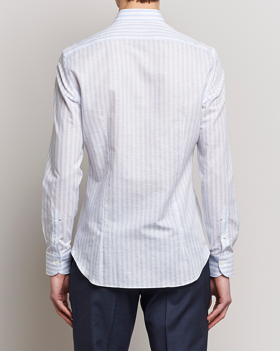 Herr | Skjortor | Mazzarelli | Soft Cotton/Linen Shirt Light Blue Stripe