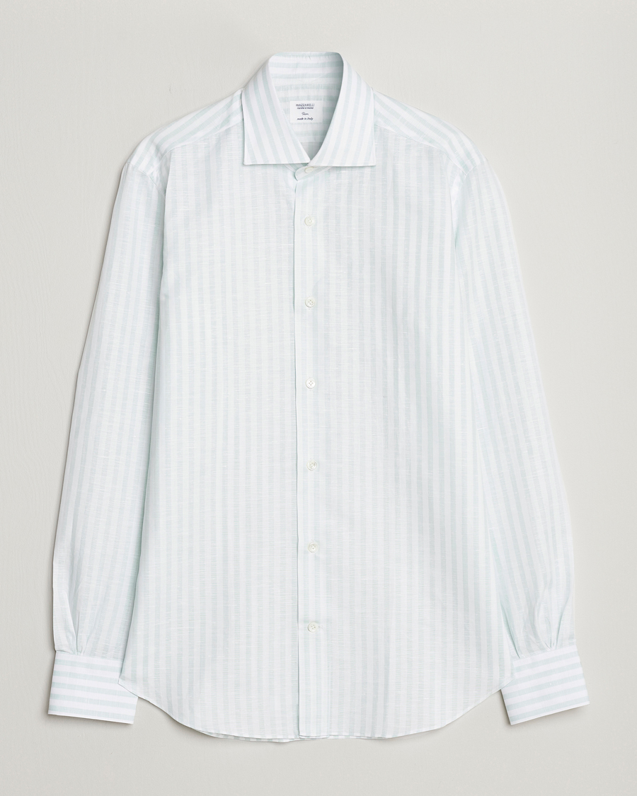 Herr | Skjortor | Mazzarelli | Soft Cotton/Linen Shirt Light Green Stripe