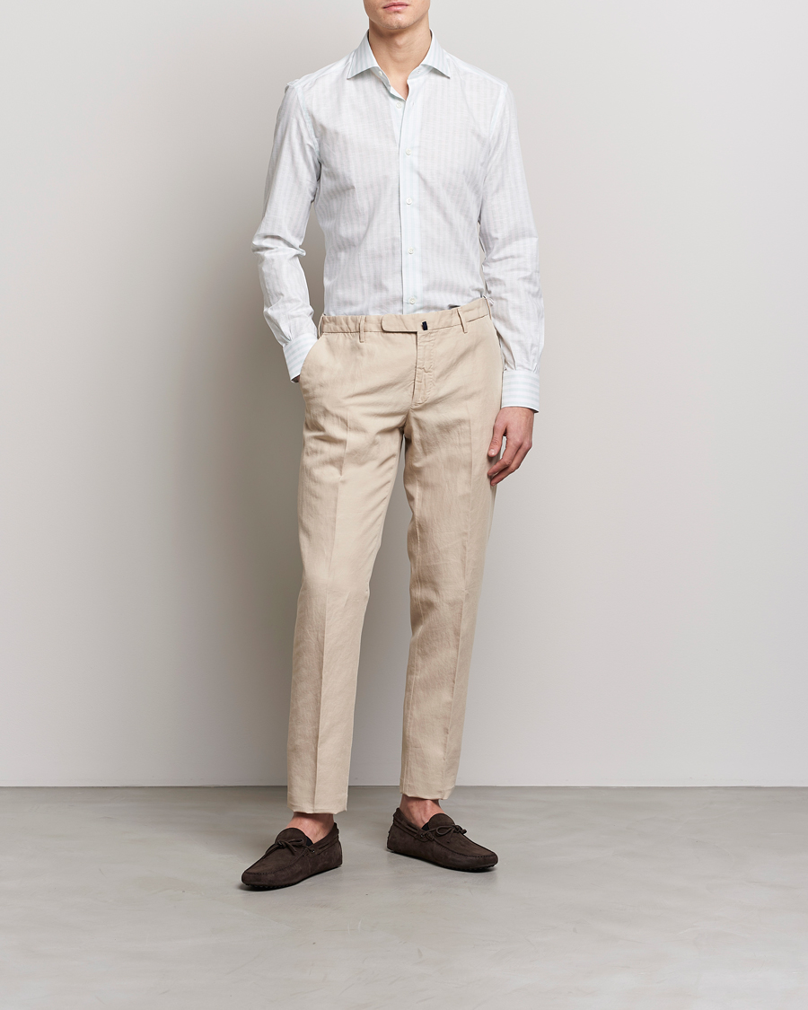 Herr | Skjortor | Mazzarelli | Soft Cotton/Linen Shirt Light Green Stripe