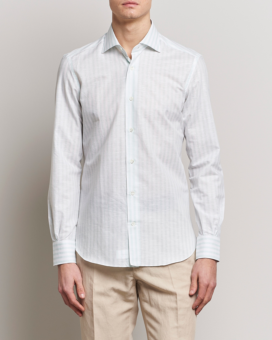 Herr | Skjortor | Mazzarelli | Soft Cotton/Linen Shirt Light Green Stripe