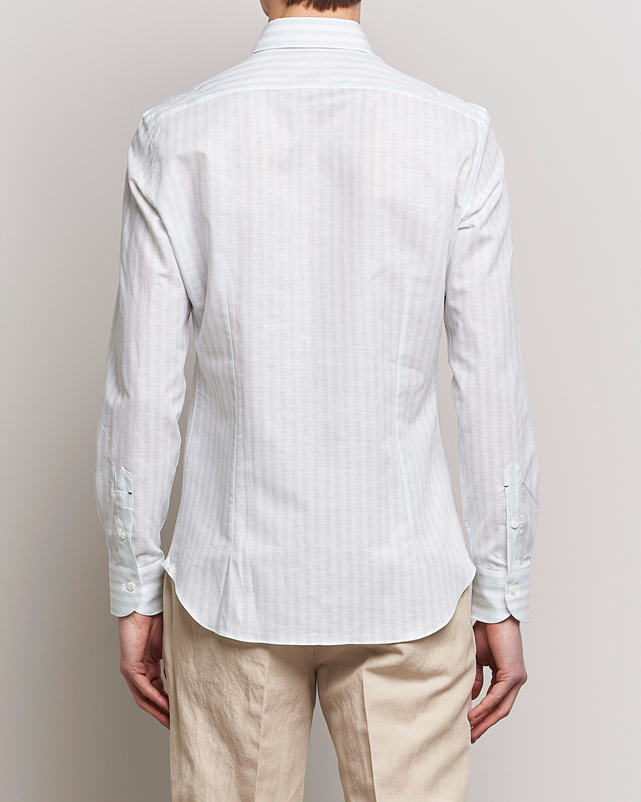 Herr | Skjortor | Mazzarelli | Soft Cotton/Linen Shirt Light Green Stripe