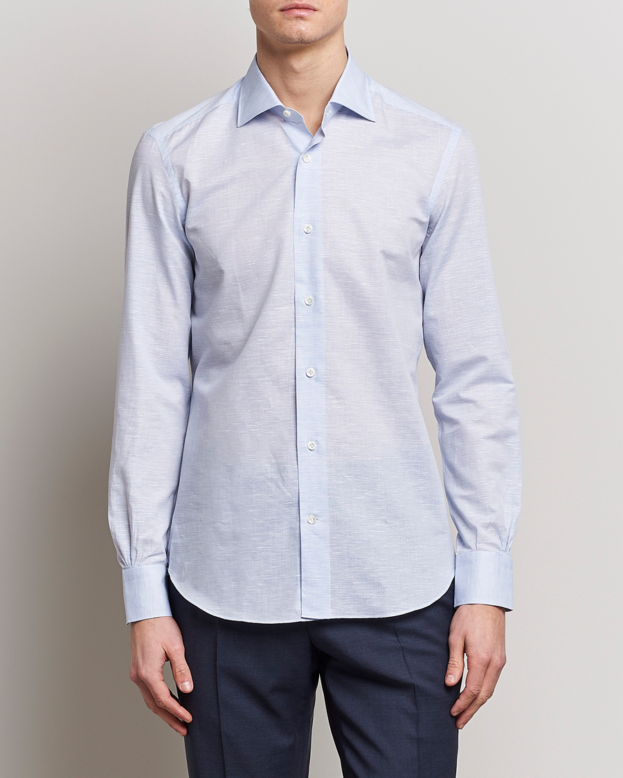 Herr | Skjortor | Mazzarelli | Soft Cotton/Linen Shirt Light Blue