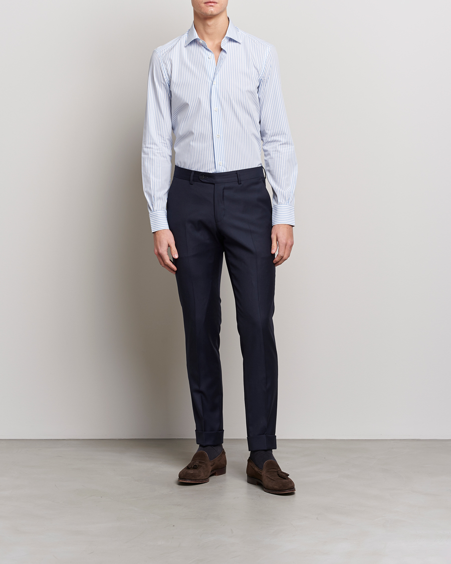 Herr | Skjortor | Mazzarelli | Soft Cotton Cut Away Shirt Light Blue Stripe