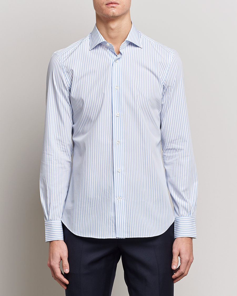 Herr | Skjortor | Mazzarelli | Soft Cotton Cut Away Shirt Light Blue Stripe