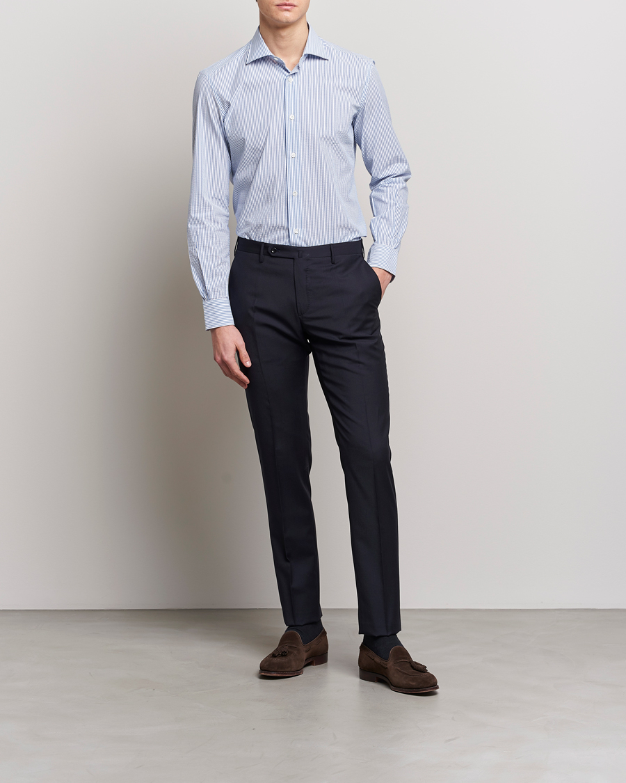 Herr | Skjortor | Mazzarelli | Soft Seersucker Shirt Light Blue Stripe