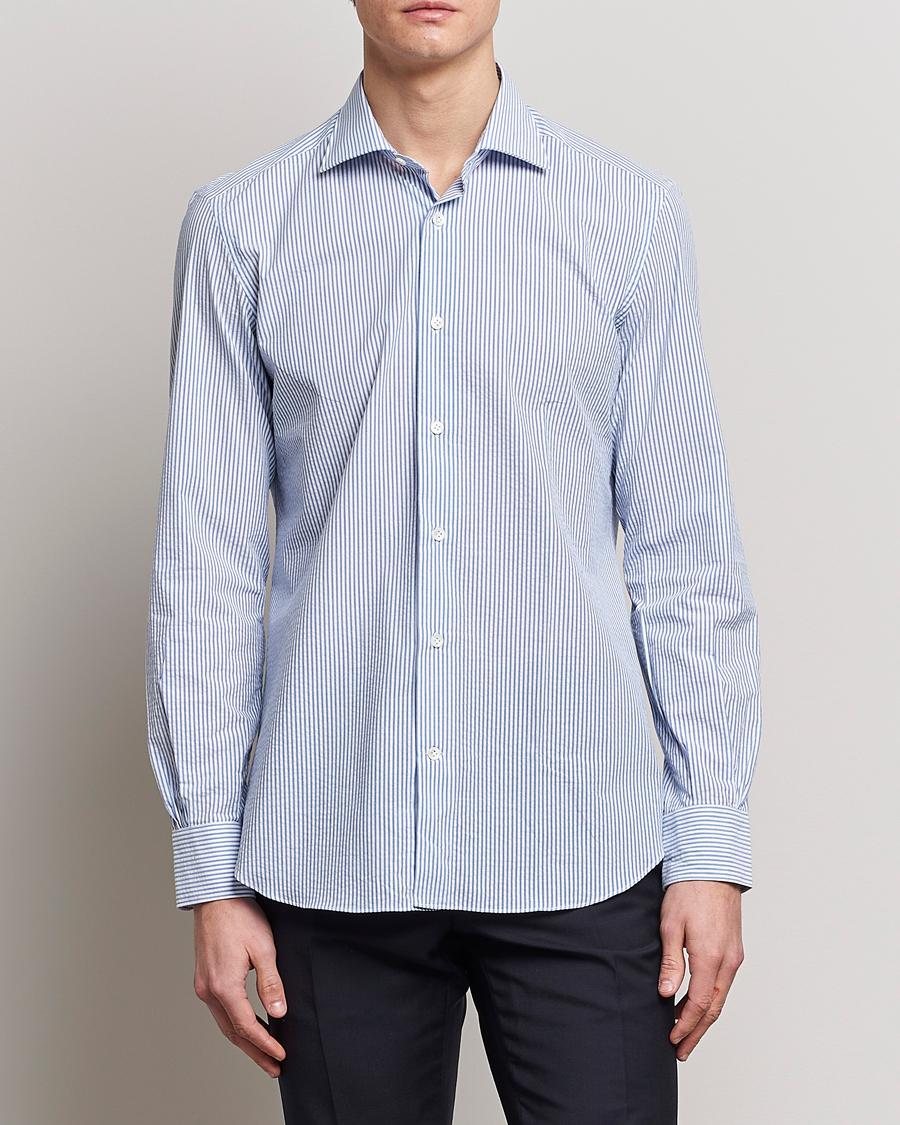 Herr | Casualskjortor | Mazzarelli | Soft Seersucker Shirt Light Blue Stripe