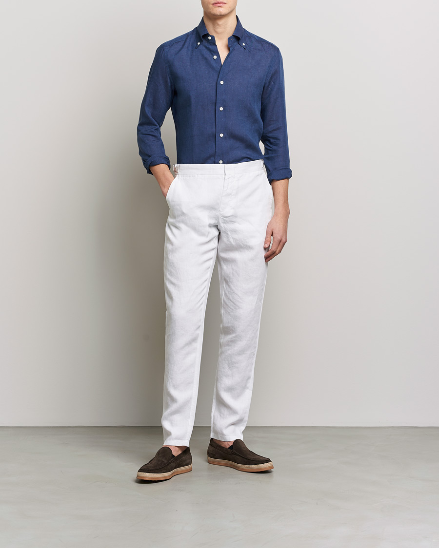 Herr | Skjortor | Mazzarelli | Soft Linen Button Down Shirt Navy