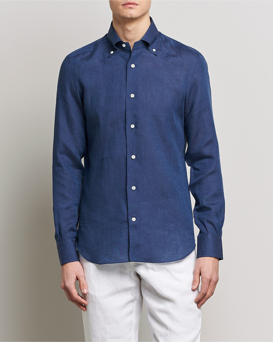 Herr | Skjortor | Mazzarelli | Soft Linen Button Down Shirt Navy