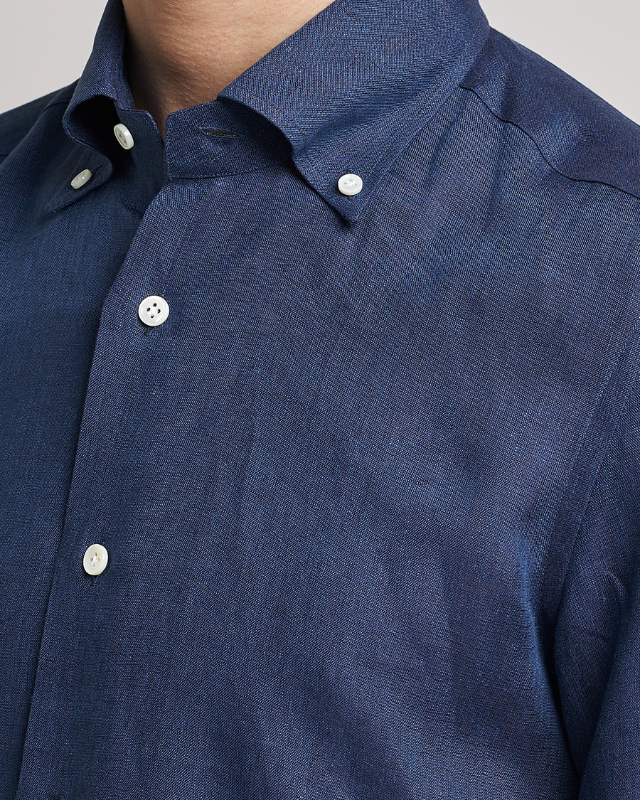 Herr | Skjortor | Mazzarelli | Soft Linen Button Down Shirt Navy