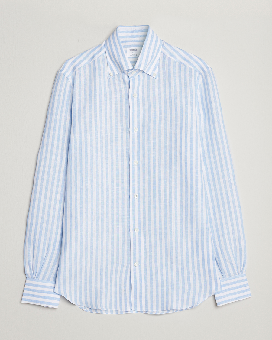 Herr | Skjortor | Mazzarelli | Soft Linen Button Down Shirt Light Blue Stripe