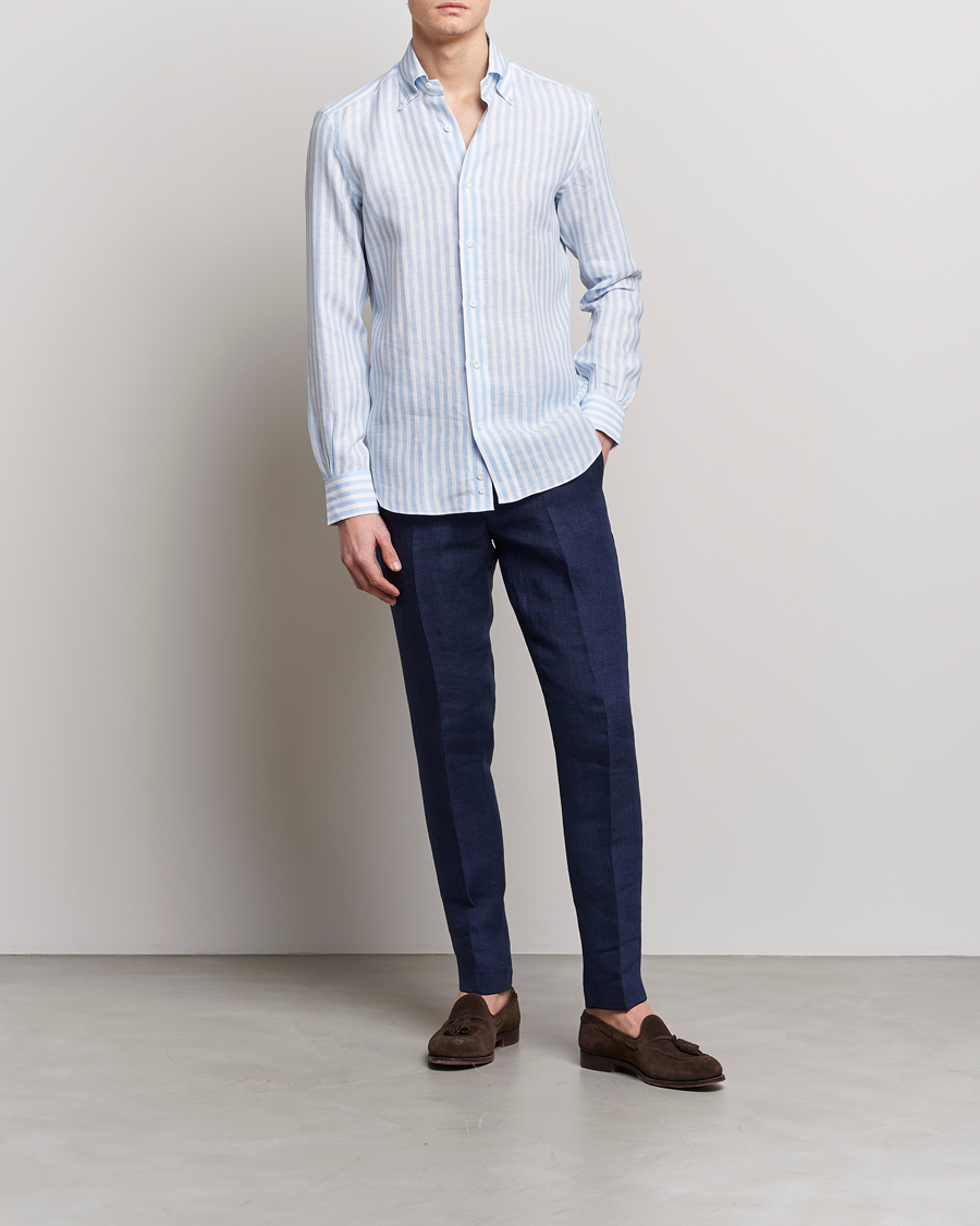 Herr | Skjortor | Mazzarelli | Soft Linen Button Down Shirt Light Blue Stripe