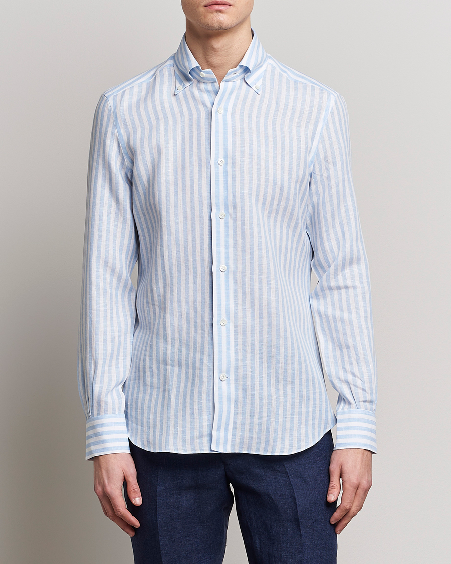 Herr | Casual | Mazzarelli | Soft Linen Button Down Shirt Light Blue Stripe